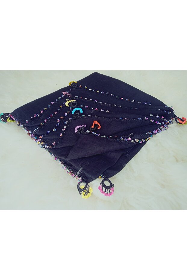 100% Cotton Ezgi Scarf with Floral Pattern Motifs and Beaded Crochet Writing, Kerchief, Mevlit Shawl