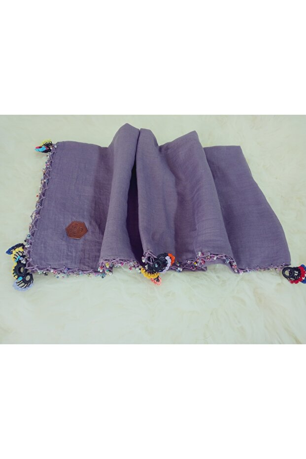 100% Cotton Ezgi Scarf with Floral Pattern Motifs and Beaded Crochet Writing, Kerchief, Mevlit Shawl