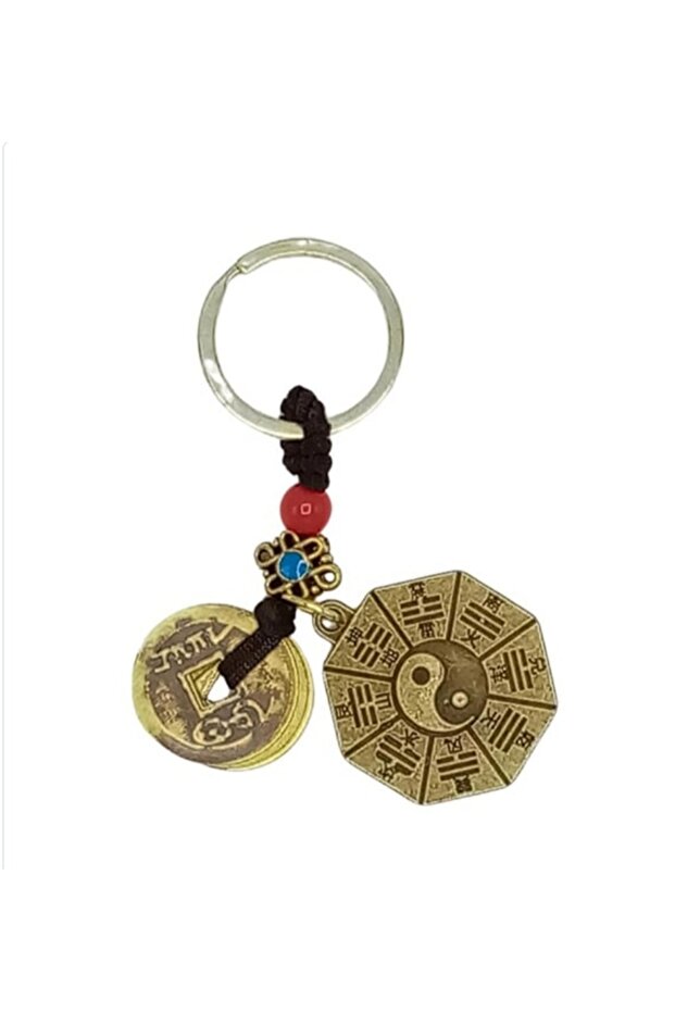 Feng Shui Metal Keychain 5 Lucky Coins and Bagua Ying Yang