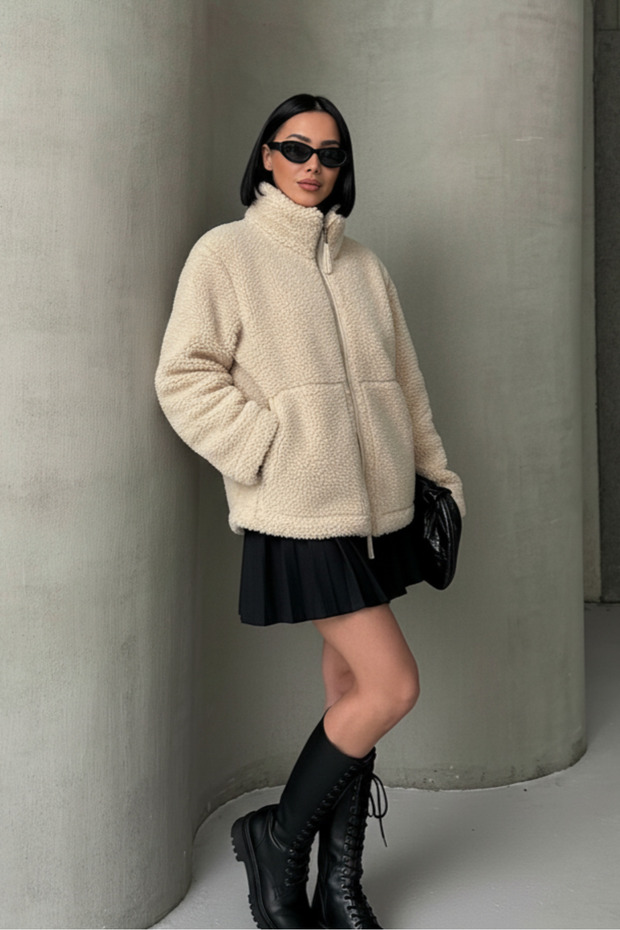 Women's Plush Jacket with Mock Neck Pockets