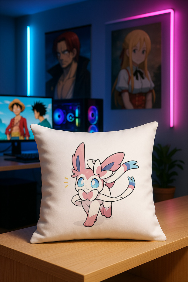 غطاء وسادة من قماش ناعم من بوكيمون SYLVEON مطبوع مطبوع رقميًا على الوجهين مقاس 43x43 فردي