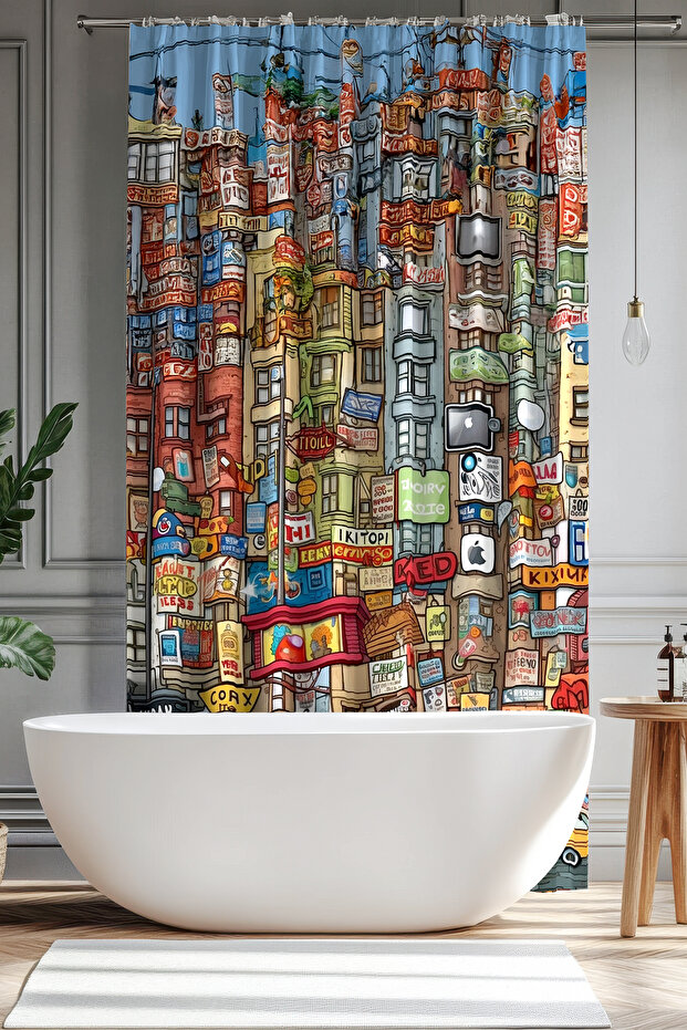 Bathroom Curtain, Colorful Streets Pattern Shower Curtain, Bathtub Curtain, with Ring Gift 175X200Cm Bp-44