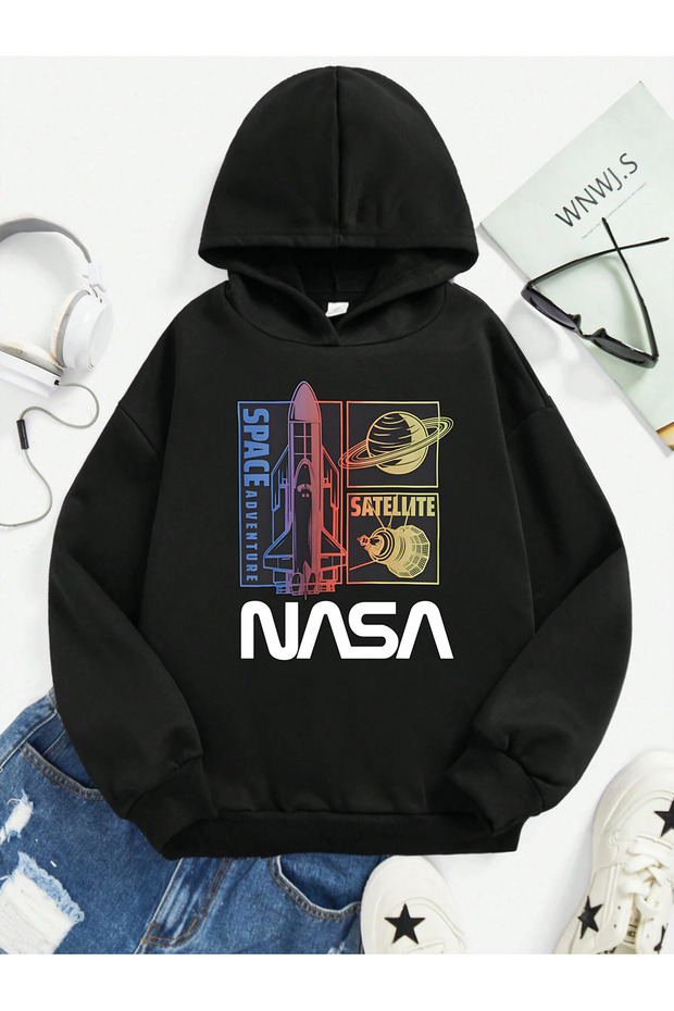 Nasa Printed 100% Cotton Kangaroo Pocket Hooded Kids Sweatshirt