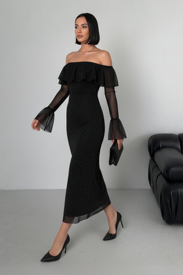 Glitter Tulle Fabric Long Sleeve Graduation Flounce Neckline Black Evening Dress