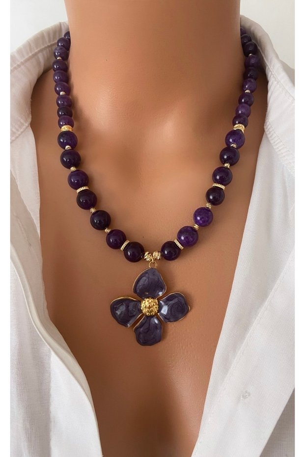 Natural Stone Purple Agate Special Non-Tarnish Steel Flower Pendant for Mother, Women, Lover, Special Day Gift in Gift Box