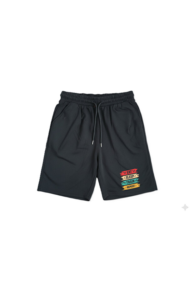 Women Men Unisex Eat Train Repeat Printed Black Combed Cotton Shorts Relaxed Fit Elasticated Casual Sports Shorts