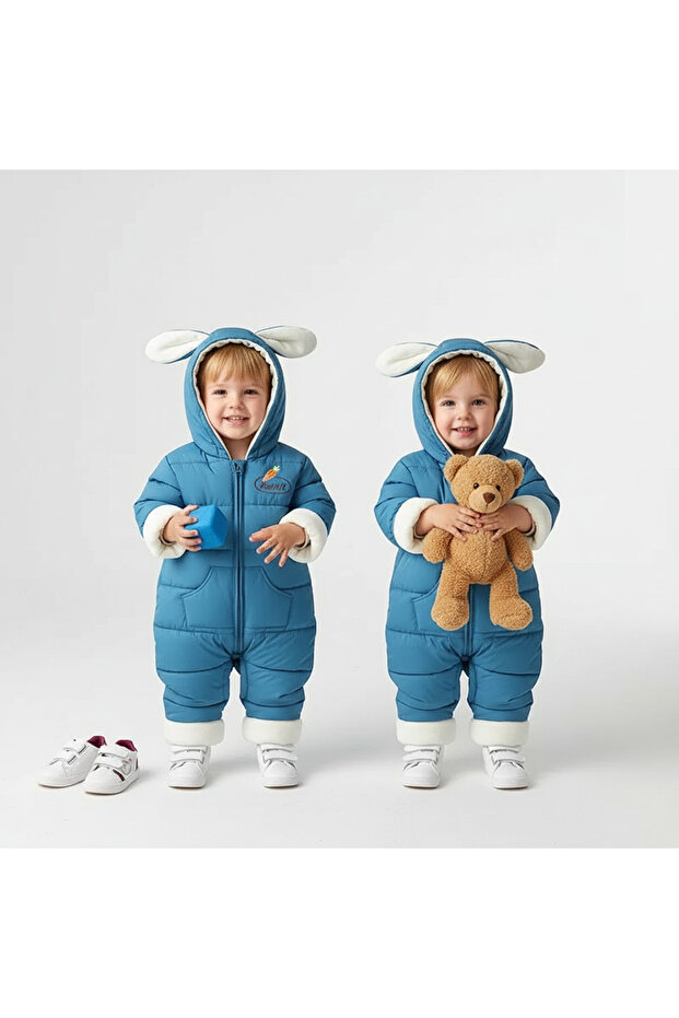 Girls Boys Baby Rabbit Eared Winter Thick Cute Lining Puffer Jumpsuit Coat