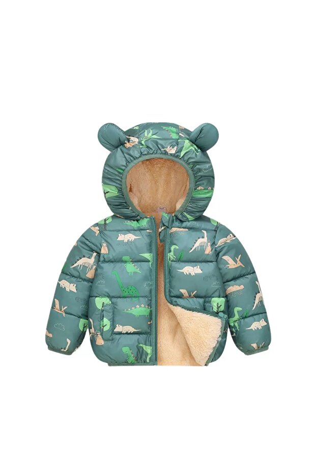 Girls Boys Children's Dinosaur Print Inner Plush Inflatable Coat