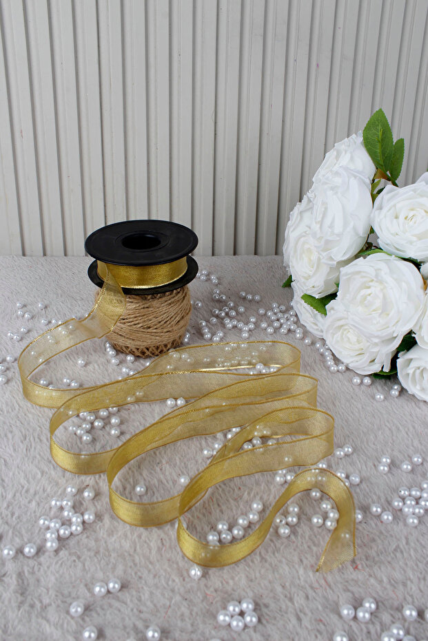 Gold Chiffon Ribbon 2.5 cm 20 m - Wedding, Engagement, Dowry, Gift, Decoration, Birthday, Party