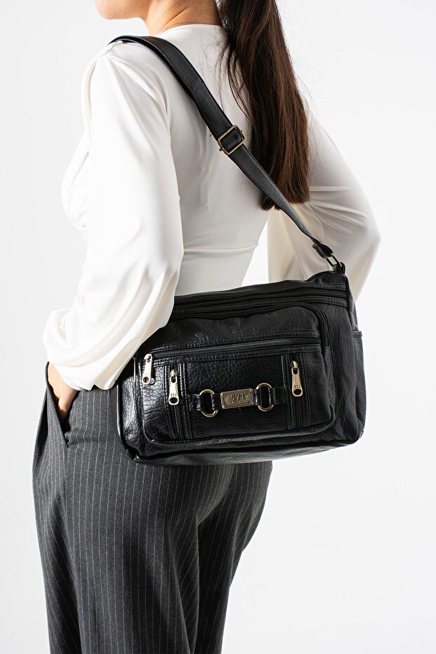 Washed Leather Crossbody Shoulder Bag Polyurethane Leather Black Model:(571-14-16F)