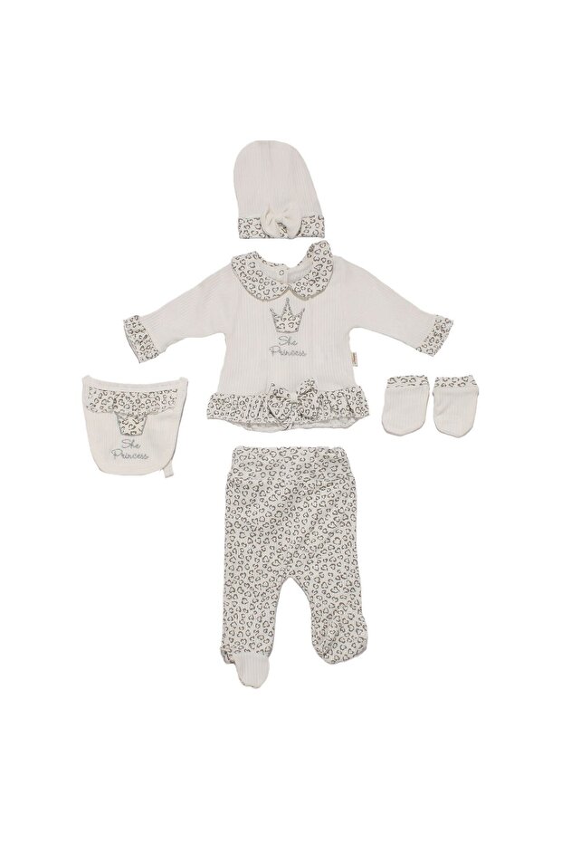 Baby Girl Ecru Corded Fabric Leopard Patterned 5-Piece Hospital Discharge Set