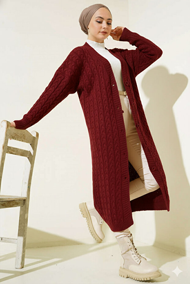 377 Buttoned Long Knit Cardigan Burgundy