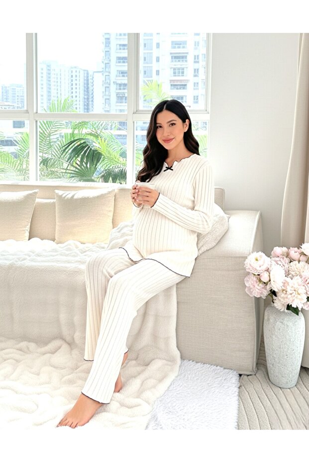 Yumoş Textured Maternity & Postpartum Comfort Pajama Set with Adjustable Waist Support, Suitable for Breastfeeding