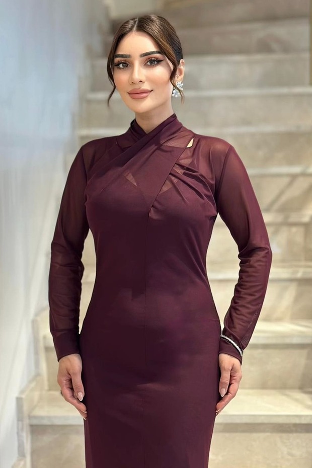 Drape yakalı likralı tül elbise - 3