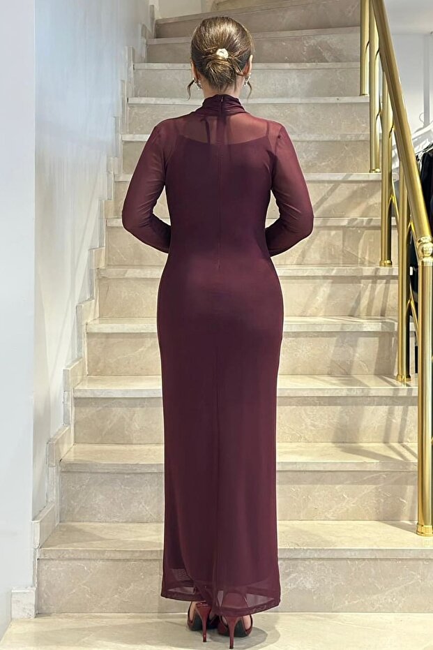 Drape yakalı likralı tül elbise - 2