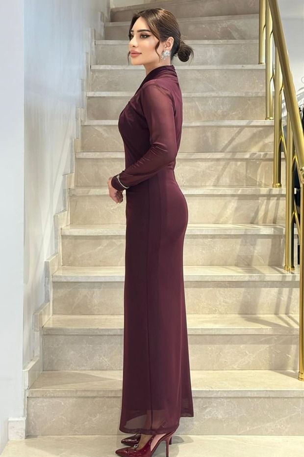 Drape yakalı likralı tül elbise - 4