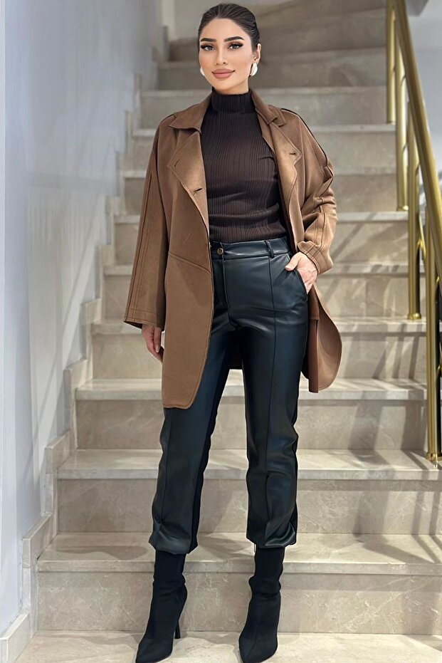 Önü deri arkası örme siyah pantolon - 1