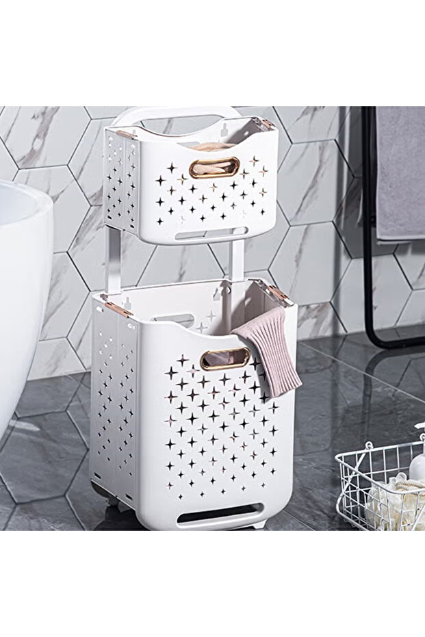 2 Layers Laundry Baskets with Wheels - 5