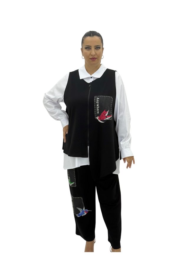 Plus Size Embroidered Shirt Pants Vest Three-Piece Oversized Women's Set