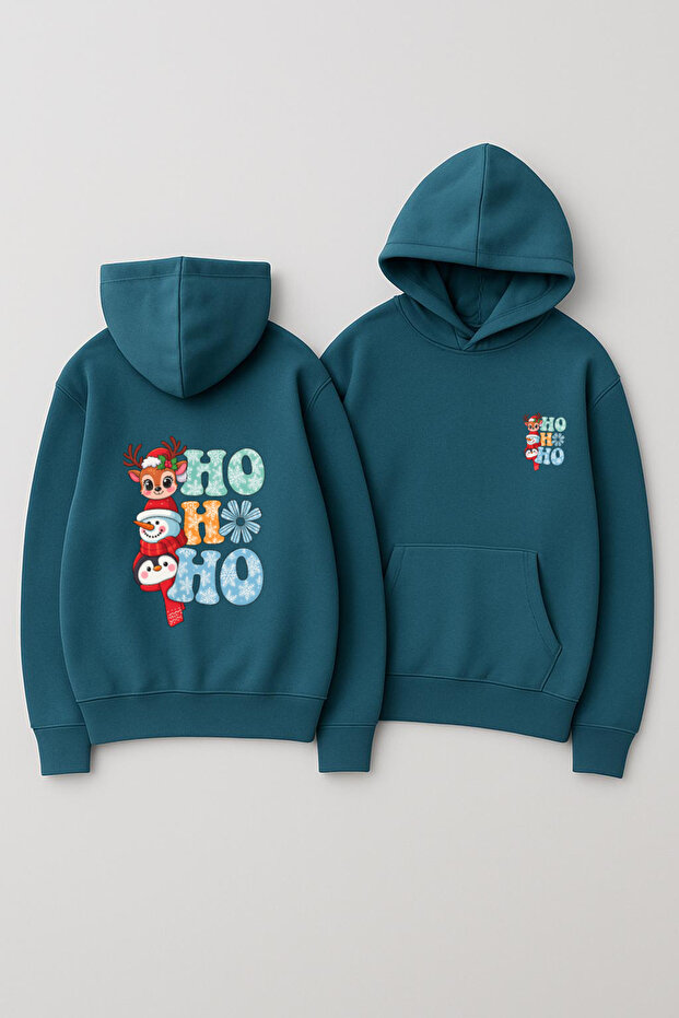 Unisex Hooded Oversized Printed Sweatshirt – Christmas Ho Ho Ho Reindeer Snowman
