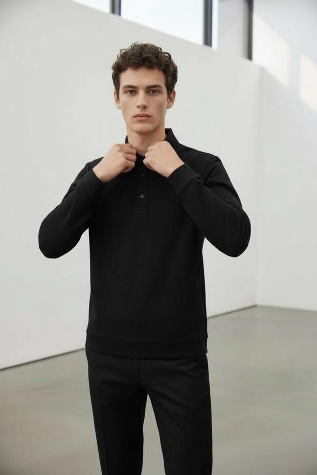 İnterview Elvira Polo Yaka Basic Siyah Sweatshirt - 4