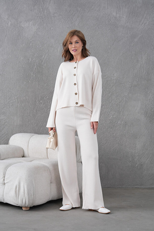 Women's Crew Neck Button Closure Ribbed Knit Jacket Pants Two-Piece Knitwear Set
