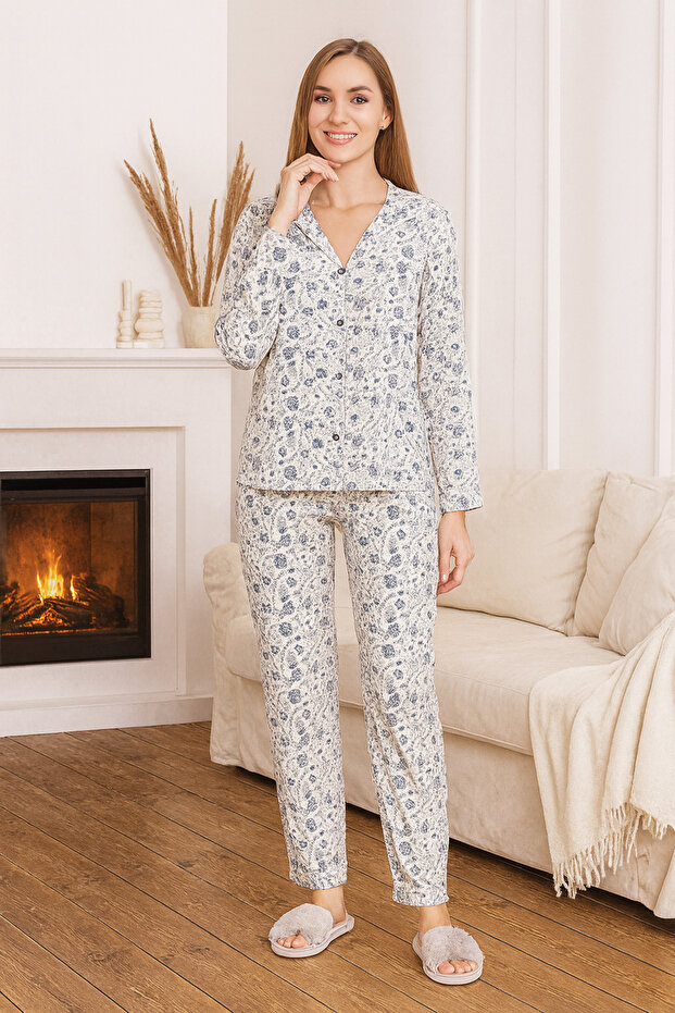 Women's Floral Pattern Suprem Front Buttoned Pajama Set 0469 White