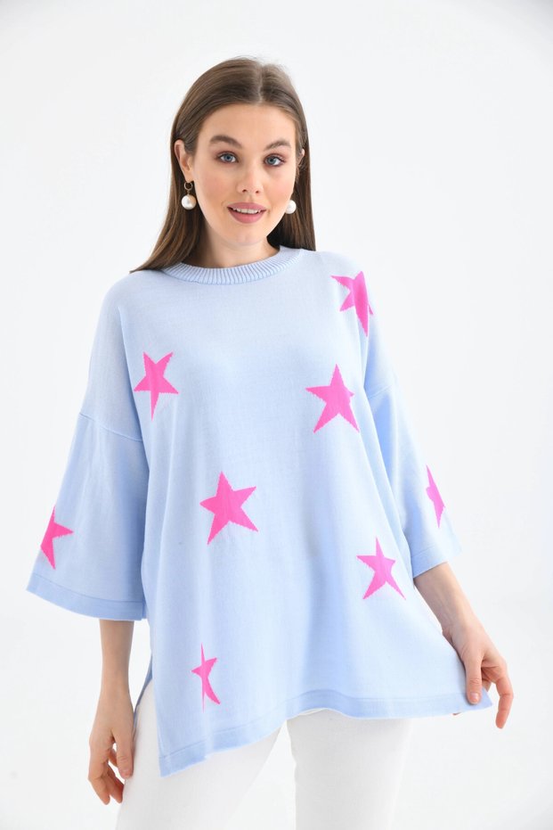 Women's Crew Neck Patterned Oversized Slit Knitwear Sweater