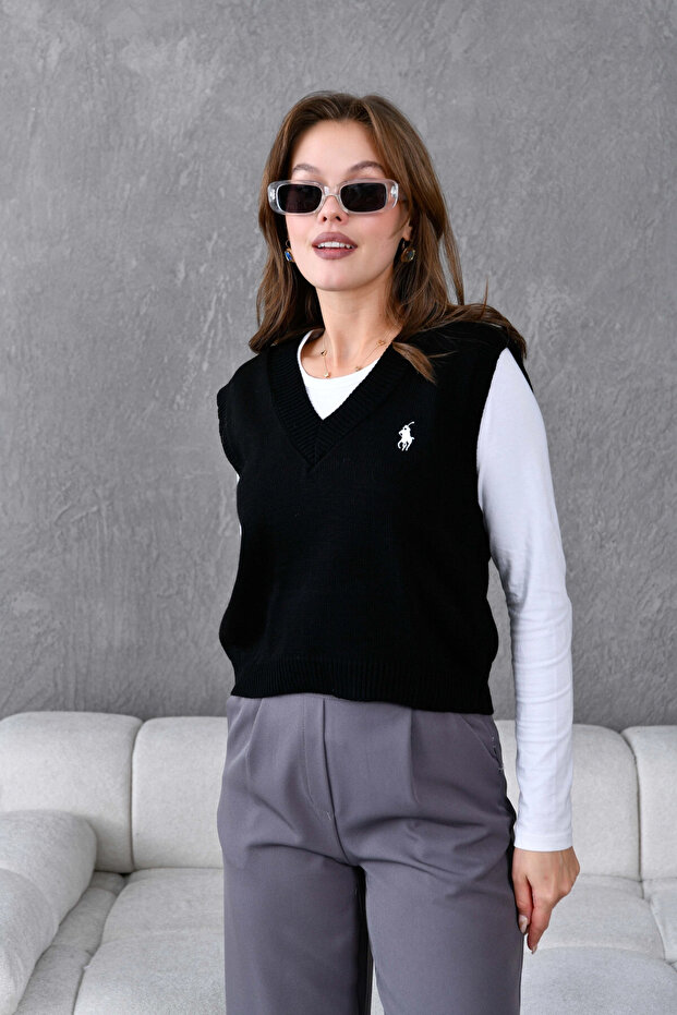 Kadın V Yaka Nakışlı Oversize Basic Triko Sweater - 4