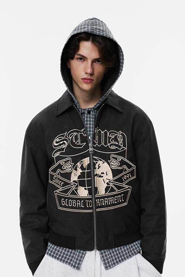 İşlemeli suni deri bomber ceket - 3