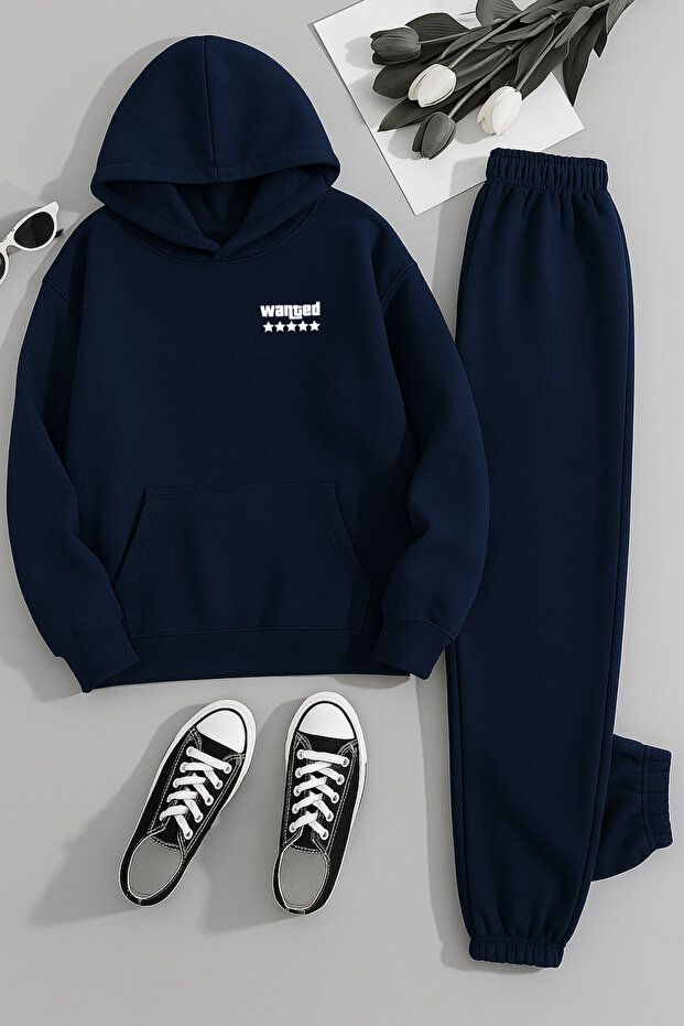 Unisex Wanted Printed Hooded Navy Blue Tracksuit Set - Winter Fleece-Lined Fabric