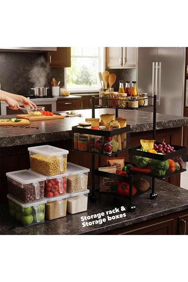 رف تخزين مطبخ دوار مربع مكون من 3 طبقات مع صندوقين منظمين للثلاجة قابلين للتكديس بسعة 4.7 لتر. - 1