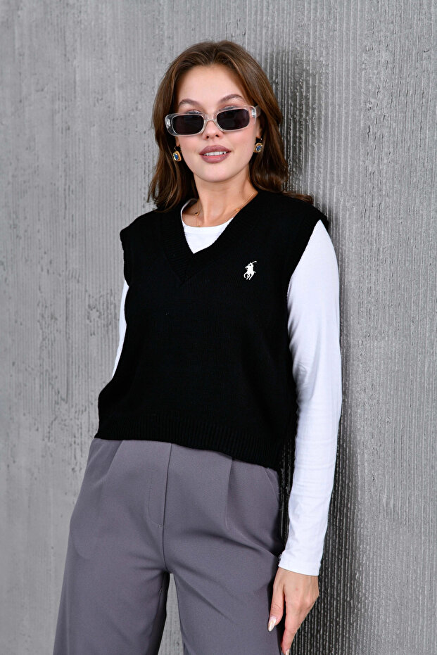 Kadın V Yaka Nakışlı Oversize Basic Triko Sweater - 3