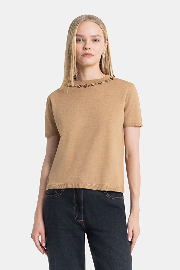 CAMEL TAŞ DETAYLI TRİKO - 5