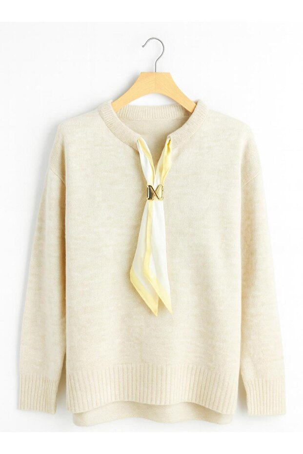 Fularli, Slitted Fleece-Lined Women's Tricot Sweater