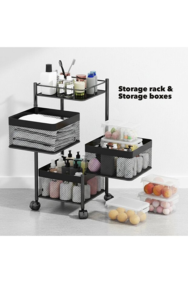 رف تخزين مطبخ دوار مربع مكون من 3 طبقات مع صندوقين منظمين للثلاجة قابلين للتكديس بسعة 4.7 لتر. - 2