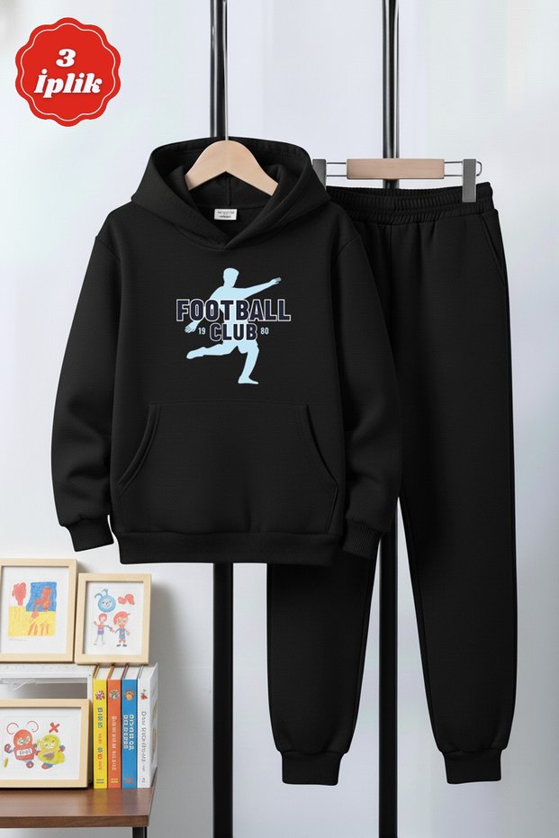 3 İplik K Hooded Kangaroo Pocket Thick Sh Fleece-Lined Footbal Club Print Detailed Boys' Tracksuit Set