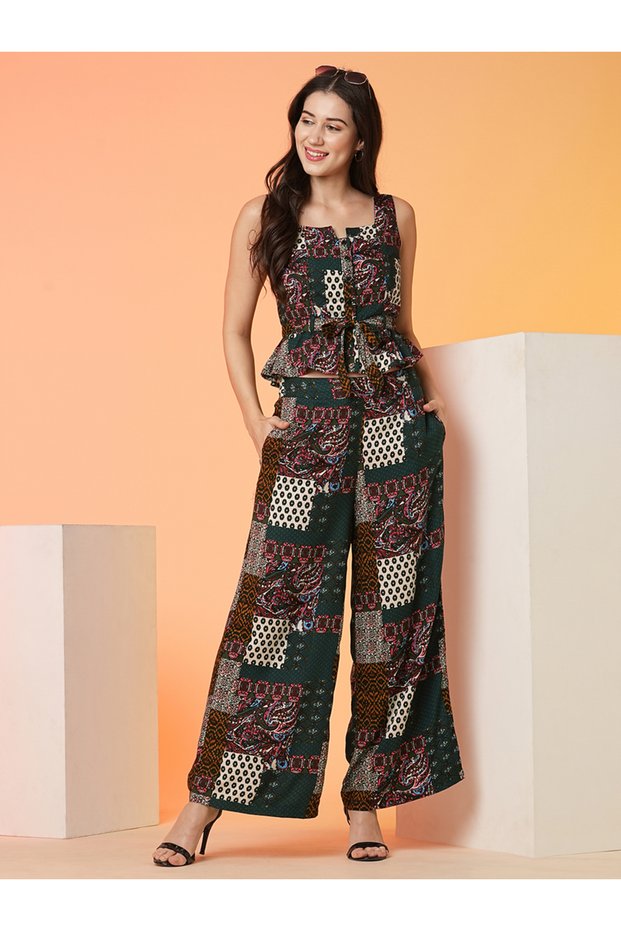 Waist Tie-Up Peplum Crop Top and Palazzos Co-Ords