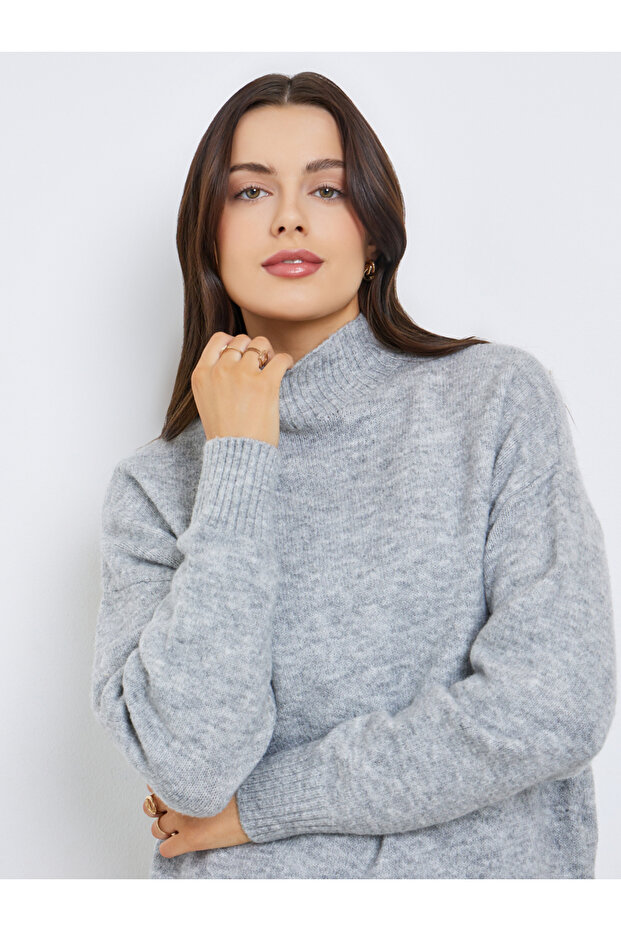 سترة رمادية ياقة مرتفعة متوسطة الطول دائرية - 3