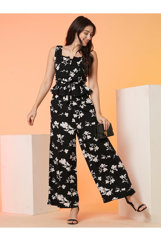 Waist Tie-Up Peplum Crop Top and Palazzos Co-Ords