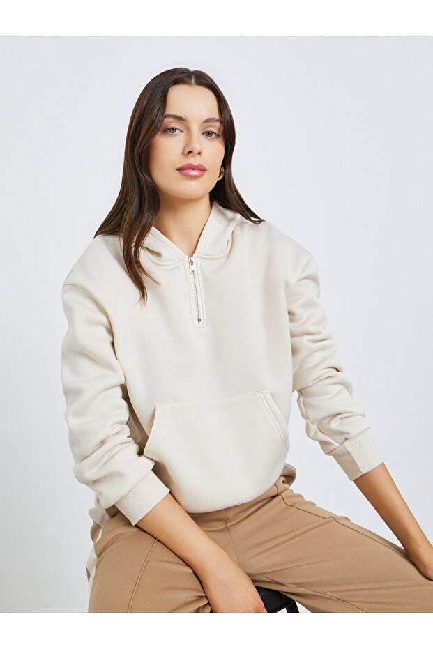 هودي سادة بسحاب ربع لون بيج - 1