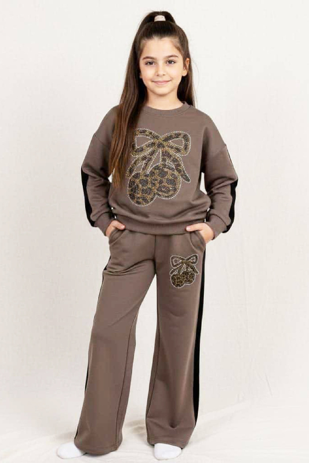 Girls' Stone Embroidered Cherry and Bow Patterned 2-Thread Top and Bottom Set, Ages 5-12, 12445