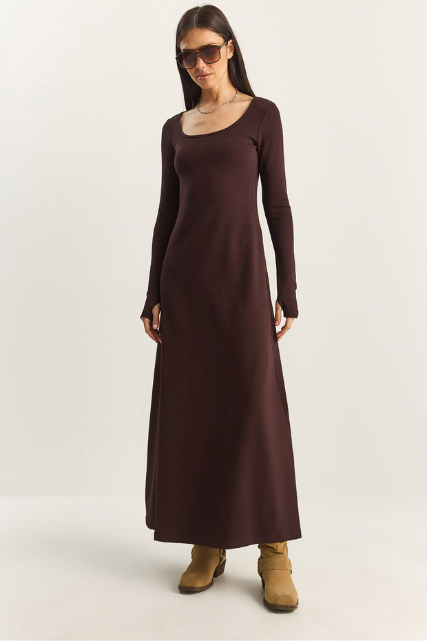 Women's Bitter Coffee Long Sleeve U-Neck Relaxed Dress 4080 60283861