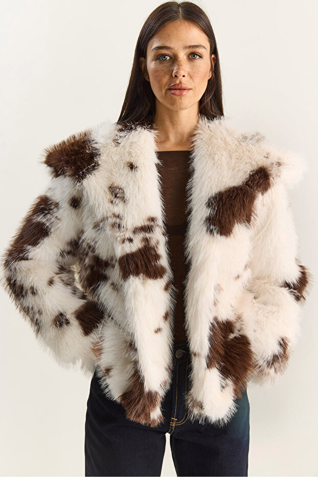 Women's Bone Brown Cow Patterned Lined Faux Fur Jacket 3489 60283866