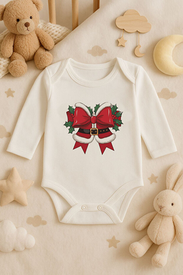 2026 New Year Christmas Printed Cotton Long Sleeve Snap Fastener Baby Ecru Bodysuit Undershirt Jumpsuit