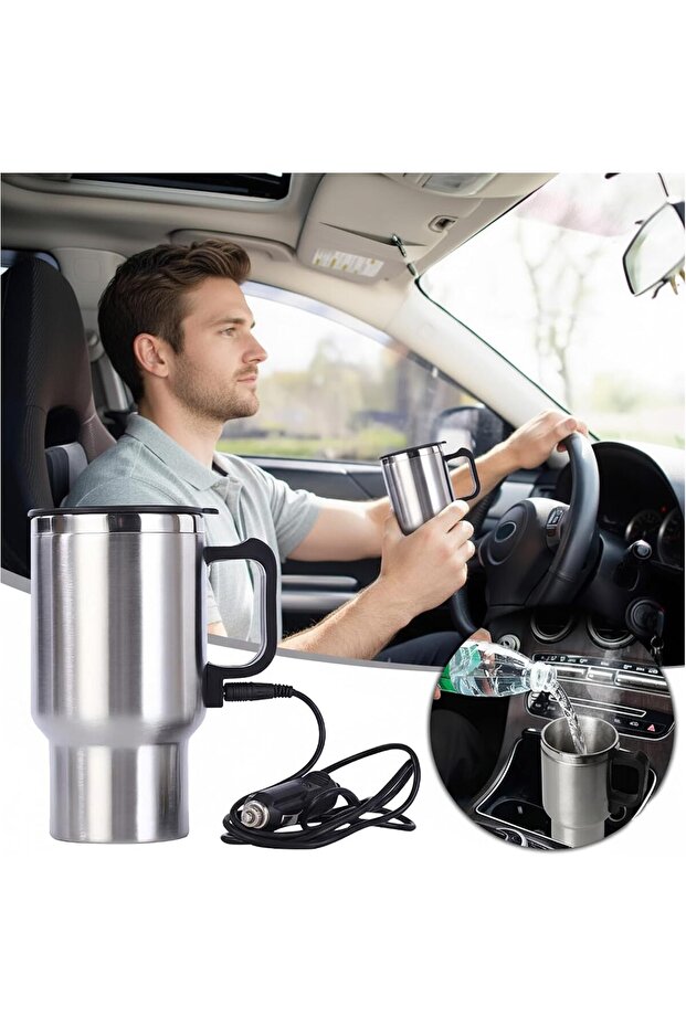 Car Heating Cup, 12V 450ml Stainless Steel Electric Travel Mug, 60W Portable Thermos