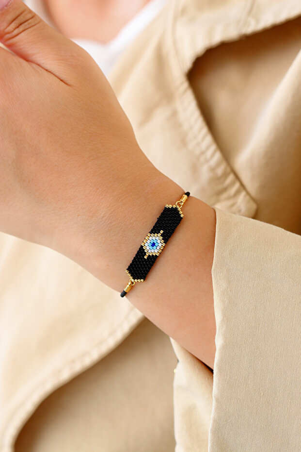 Ka-005 Miyuki Evil Eye Beaded Bracelet - Handmade - Black