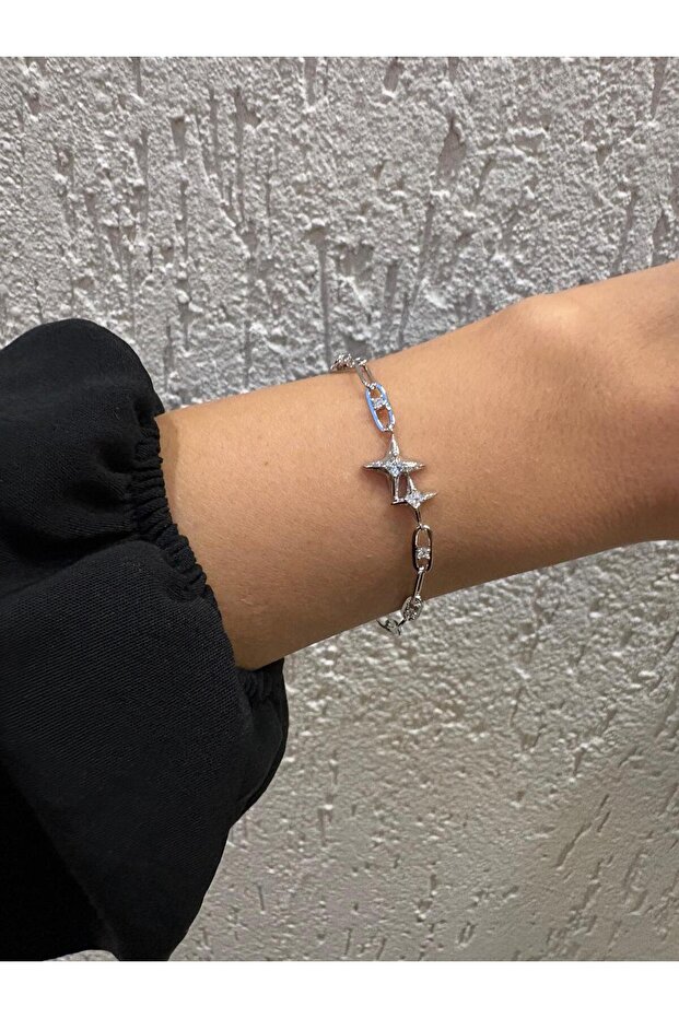 Polar Star Stone Paperclip Model Silver Chain Bracelet