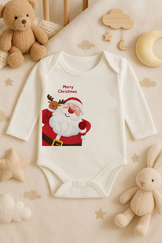 2026 New Year Christmas Printed Cotton Long Sleeve Snap Fastener Baby Ecru Bodysuit Undershirt Jumpsuit