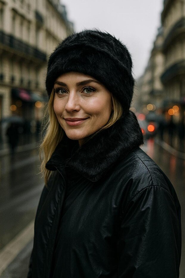 Black Soft Textured Plush Foldable Women's Beanie
